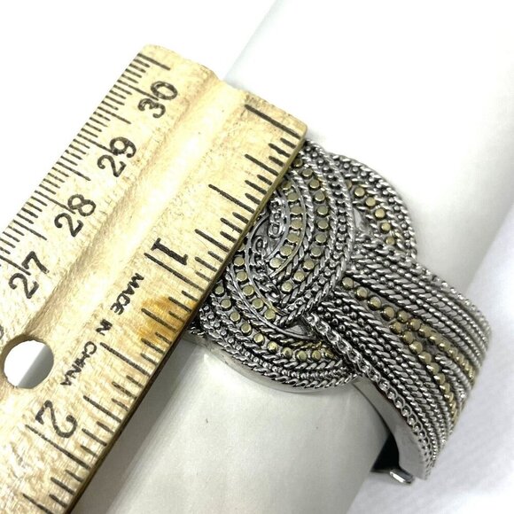 Knot Braided Clamper Bangle Bracelet Silver Tone & Gold Accent Filigree Jewelry - Picture 7 of 7
